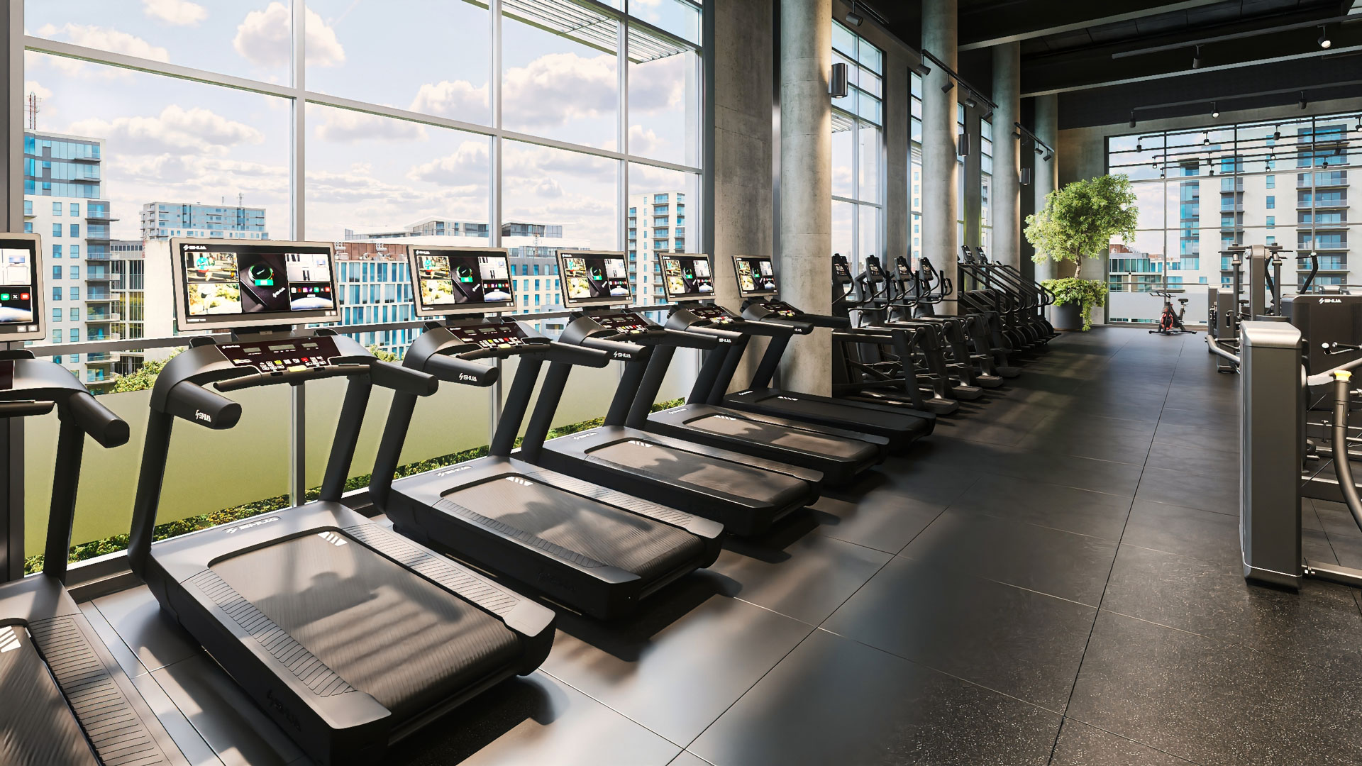 Cardiotraining auf SHUA Treadmills in urbaner Umgebung.