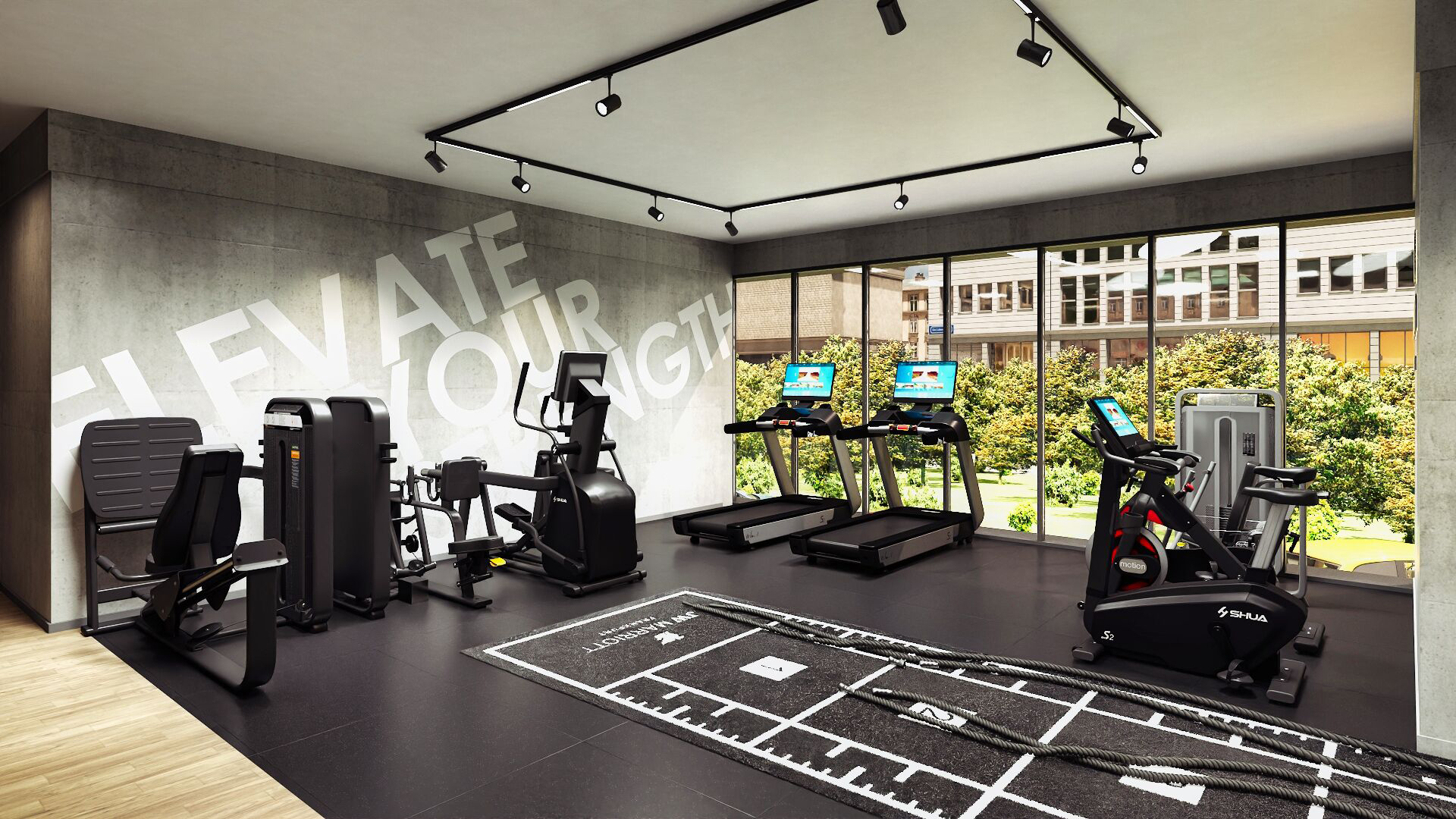 Premium-Hotel Fitnessstudio, ausgestattet mit SHUA Fitnessgeräten.