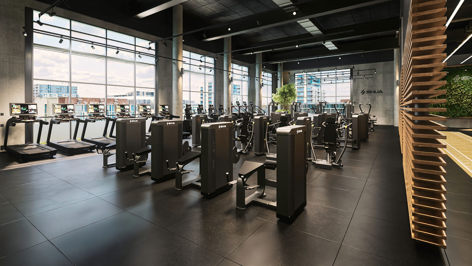 Urbanes Fitnessstudio mit modernen SHUA Trainingsgeräten.