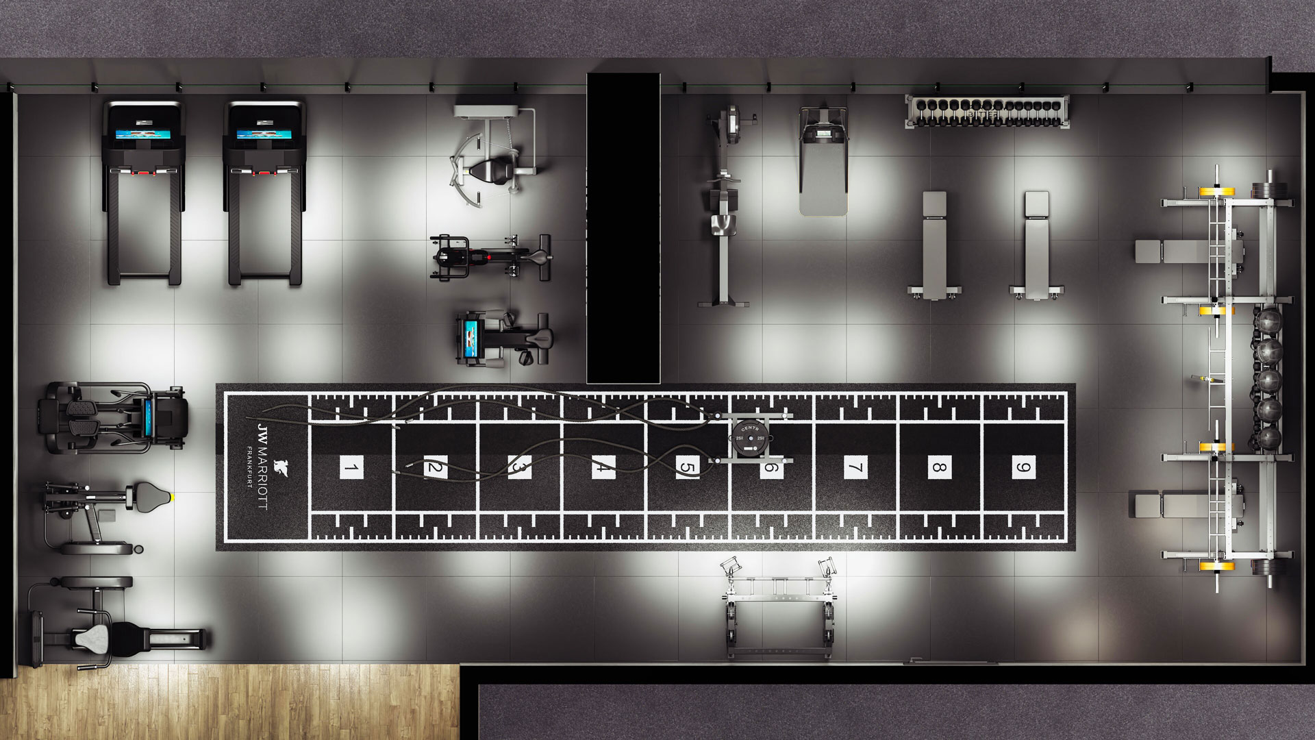 Visualisierung des Perform365 x SHUA Premium-Hotel Fitnessraums mit SHUA Fitnessgeräten.