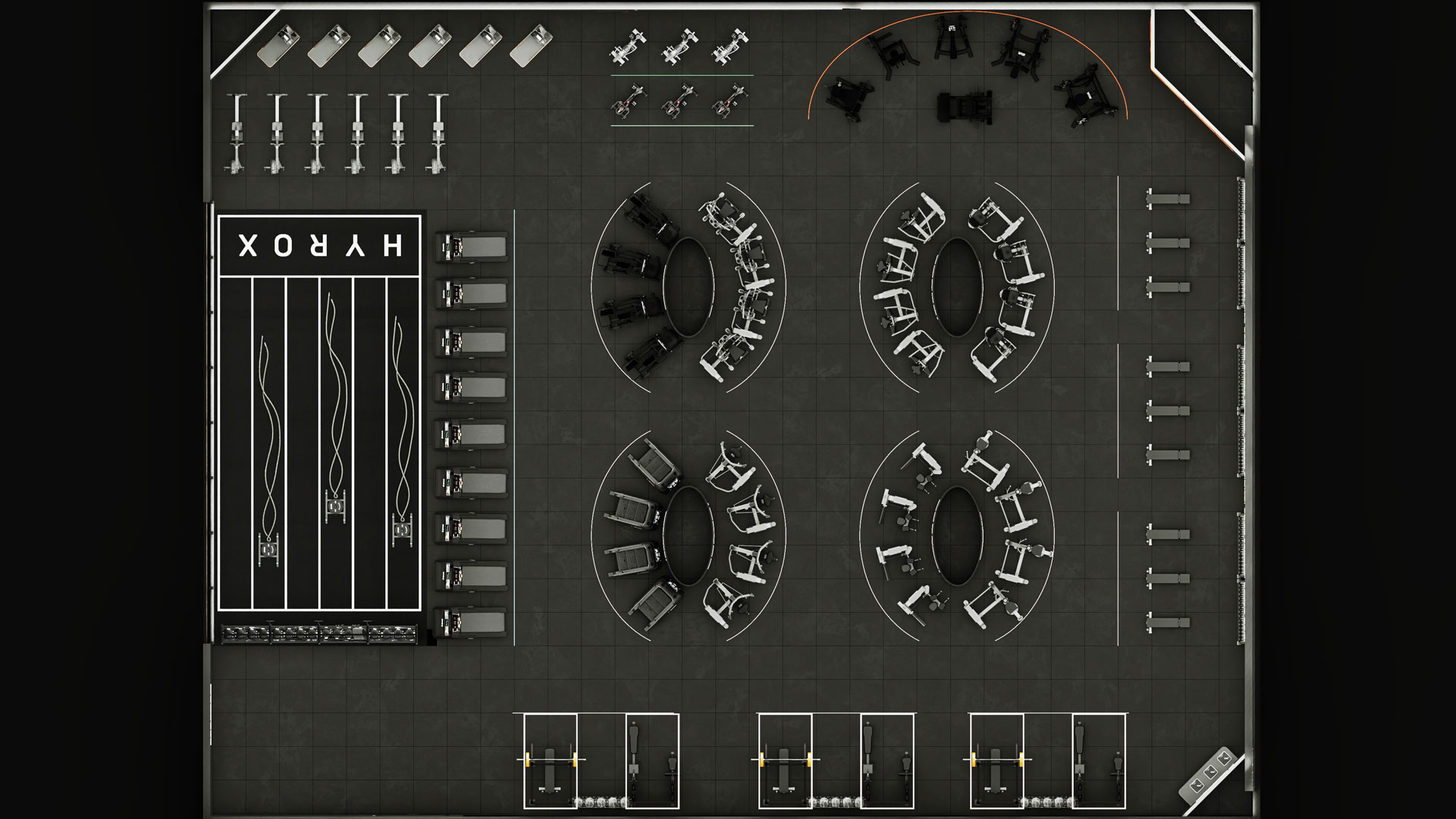 Visualisierung des Studioaufbaus mit SHUA Fitnessgeräten.