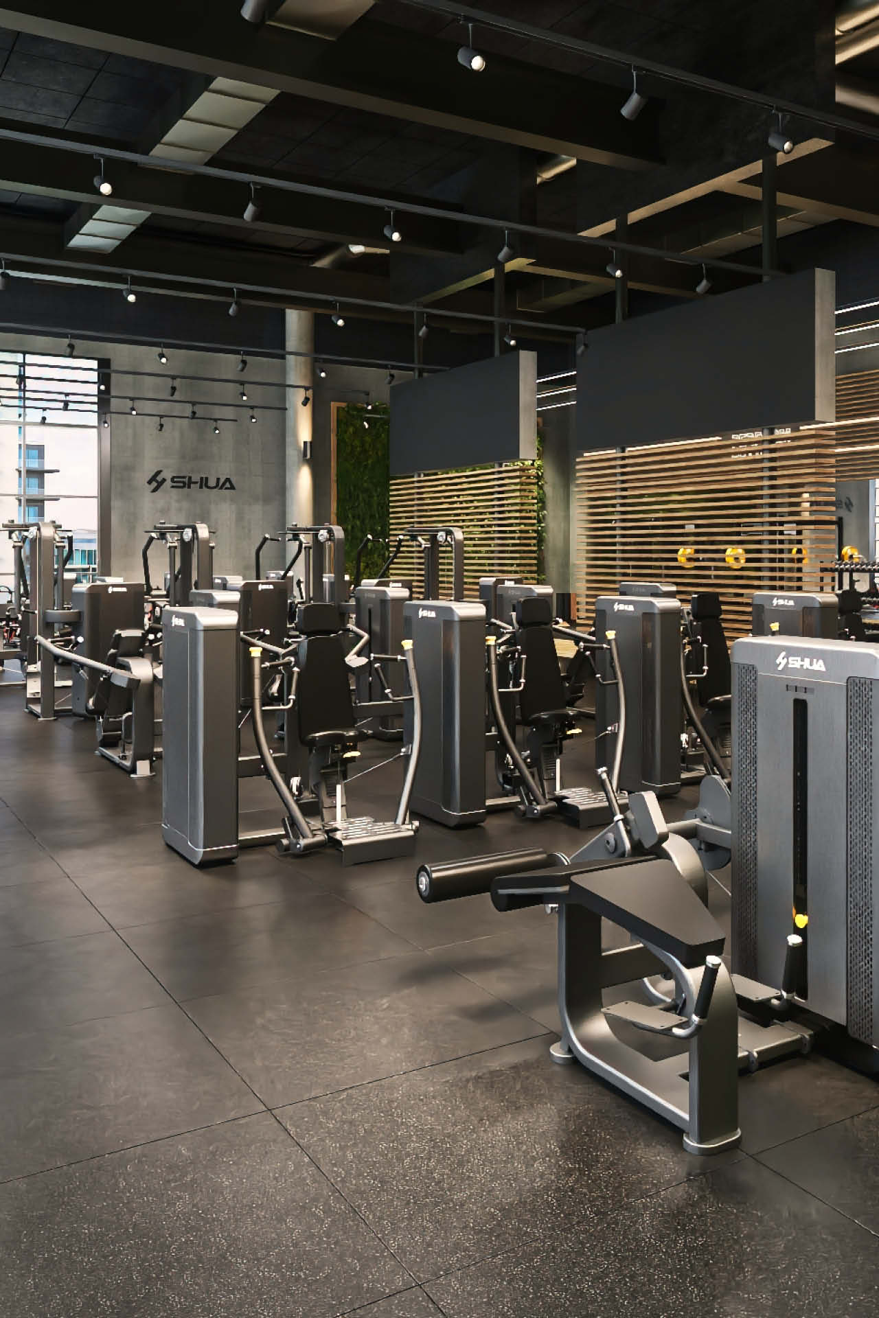 Urbanes Lifestyle Gym mit modernen und innovativen Kraft- & Fitnessgeräten von SHUA.