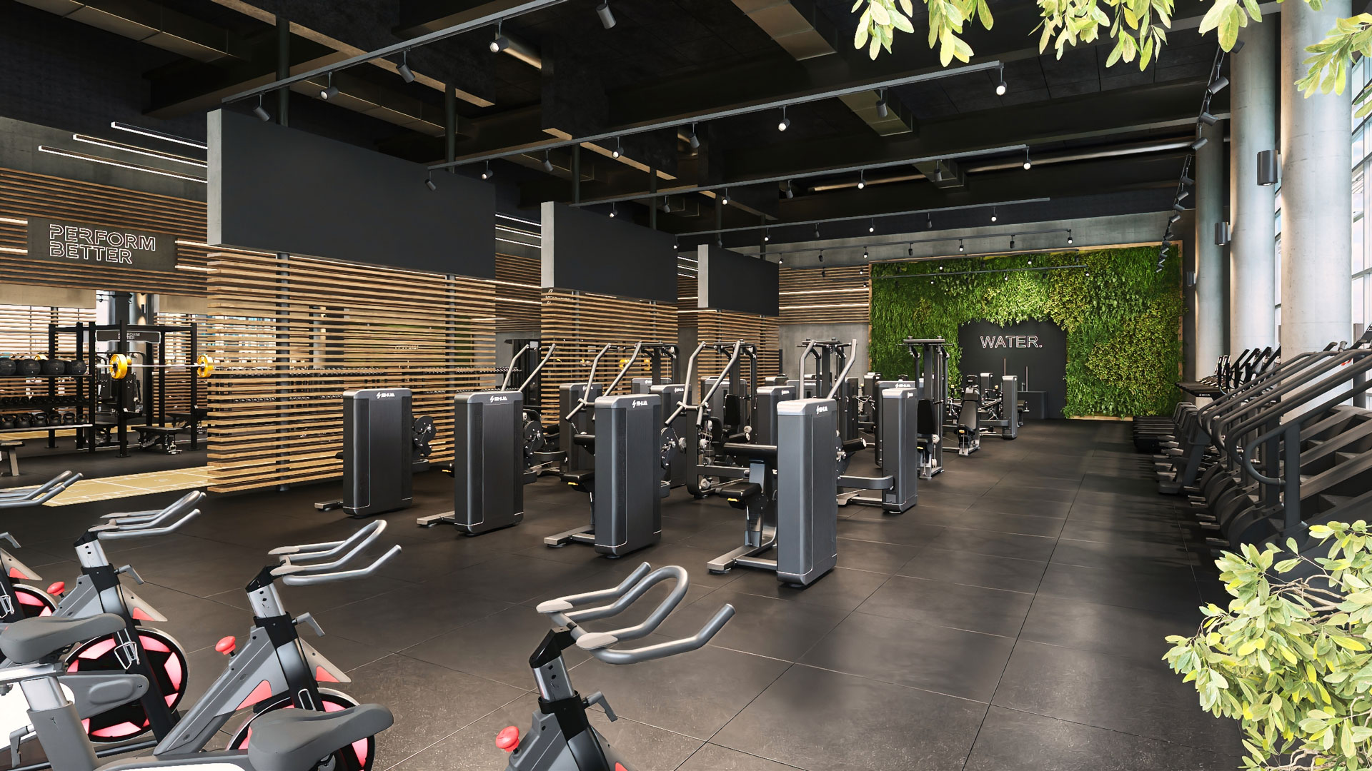 Perform365 x SHUA Urbanes Lifestyle Gym mit modernen Kraftgeräten.